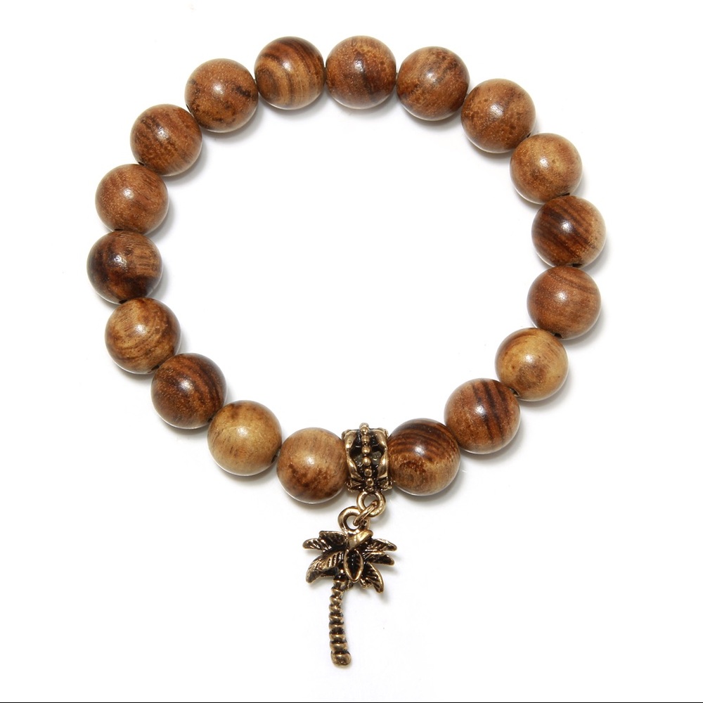 Wood bead bracelet with palm charm